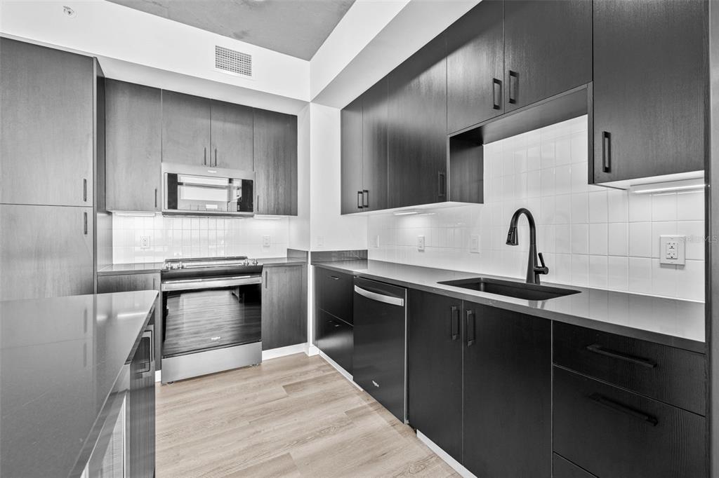 A modern kitchen features dark wood cabinetry, stainless steel appliances, and a black sink — 221 MAIN STREET N UNIT A3-1506, ST PETERSBURG, FL