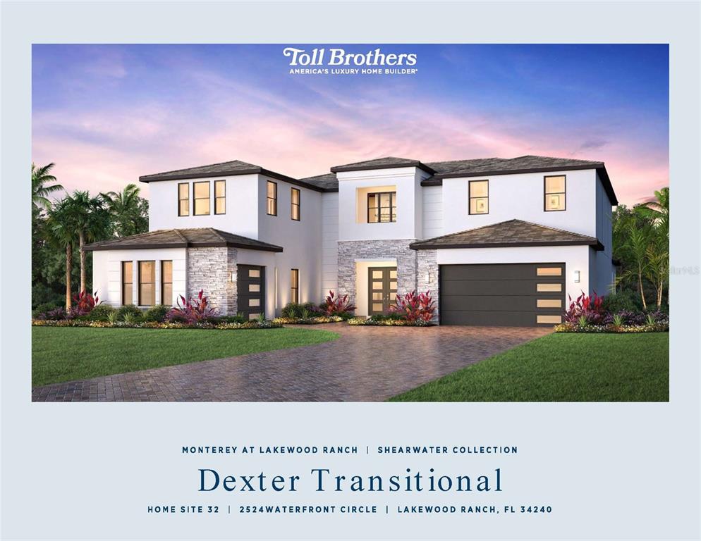 This is a digital architectural rendering of a two-story modern house with a stone facade — 2524 WATERFRONT CIRCLE, SARASOTA, FL