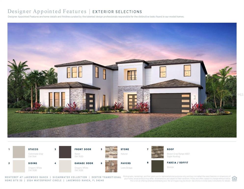 This is a rendering of a two-story modern house with stucco, stone, and a garage — 2524 WATERFRONT CIRCLE, SARASOTA, FL