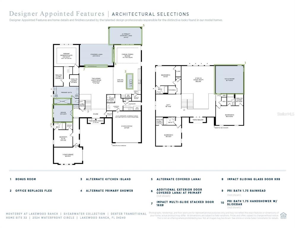 This is a floor plan for a two-story residential home with a three-car garage — 2524 WATERFRONT CIRCLE, SARASOTA, FL