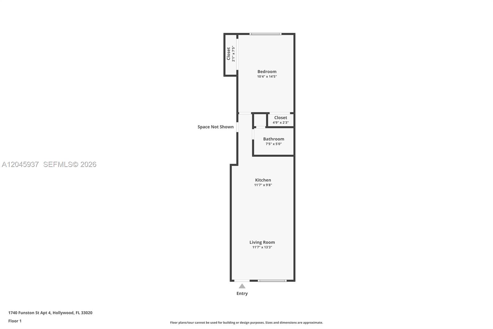 This is a floor plan for a one-bedroom apartment with a kitchen and living area — 1740 Funston ST # 6, Hollywood FL 33020, HOLLYWOOD, FL