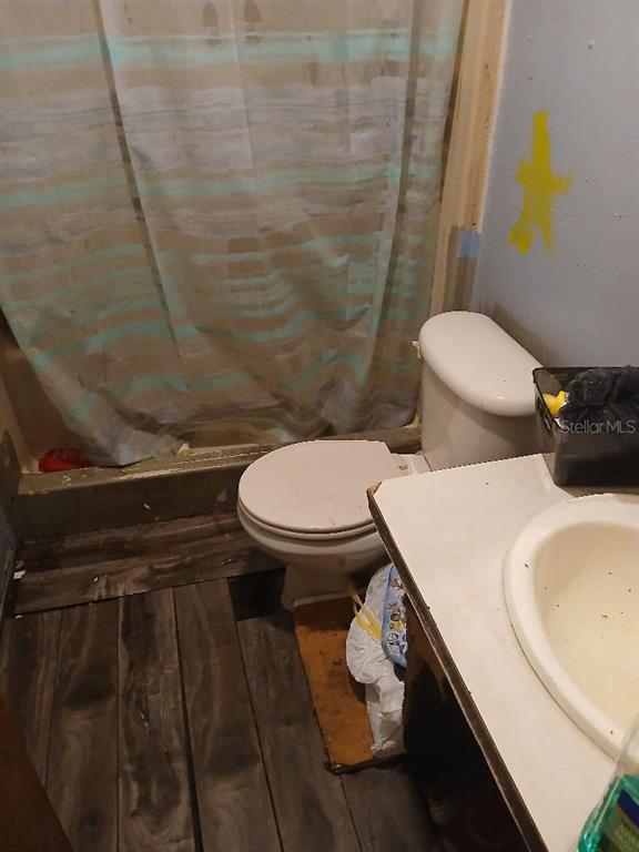 A bathroom features a toilet, a sink vanity, and a shower with a patterned curtain — 14847 SE 47TH COURT, SUMMERFIELD, FL