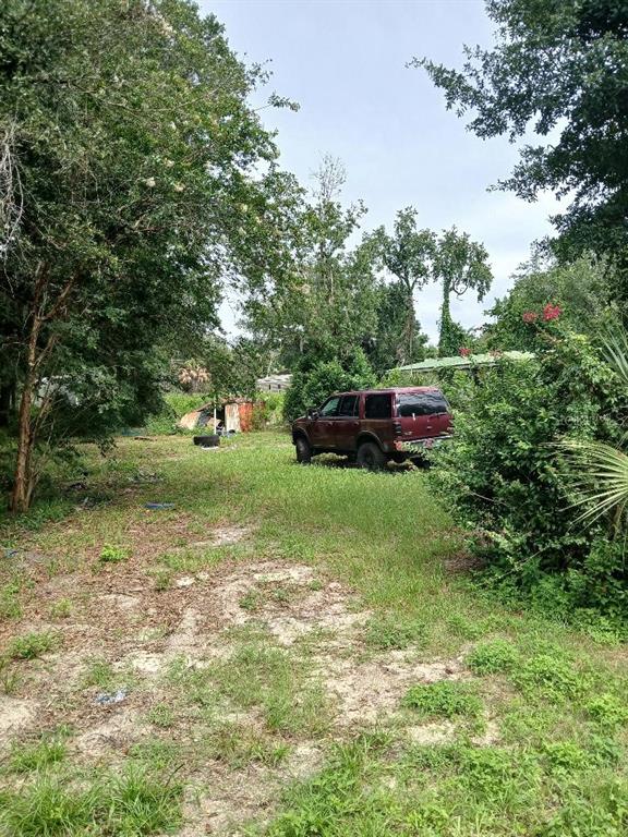 A maroon SUV is parked on a grassy lot surrounded by trees and overgrown vegetation — 14847 SE 47TH COURT, SUMMERFIELD, FL