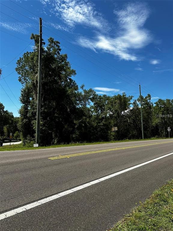 A paved road runs alongside a wooded lot with two utility poles under a blue sky — xx THRASHER DR, BRONSON, FL