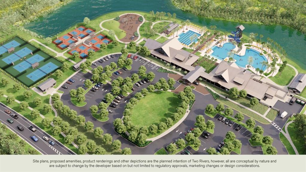 This is a digital rendering of a community amenity center featuring pools, courts, and parking — 34502 ALGER POINT, ZEPHYRHILLS, FL