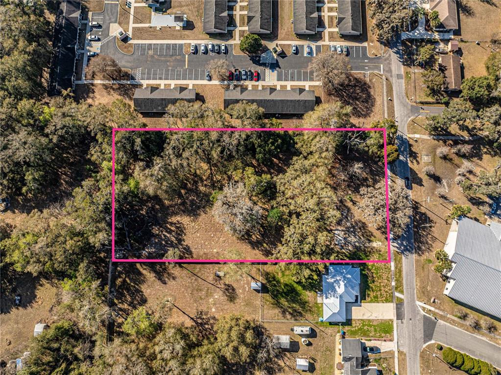 An aerial view shows a rectangular plot of land outlined in pink amidst wooded surroundings — 100 S OLD WIRE ROAD, WILDWOOD, FL