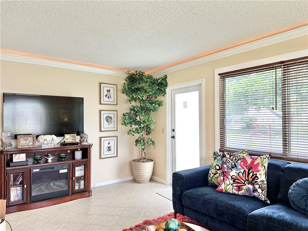 A living room features a dark blue sofa, a television console, and a tall potted plant — 285 Oakridge Q # 285, Deerfield Beach FL 33442, DEERFIELD BEACH, FL