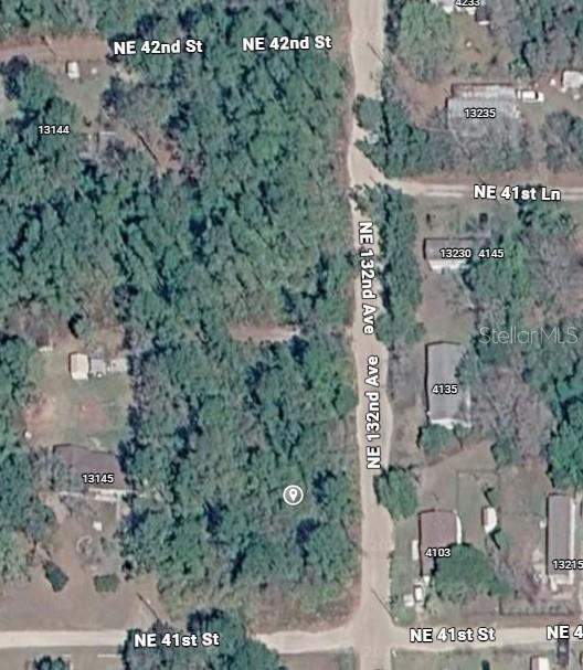 This is an aerial map view of a wooded residential lot located along a street — NE 41ST STREET, SILVER SPRINGS, FL