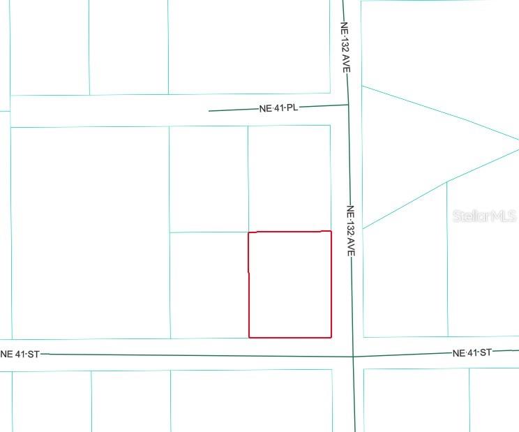 This is a plat map showing a rectangular property parcel outlined in red — NE 41ST STREET, SILVER SPRINGS, FL
