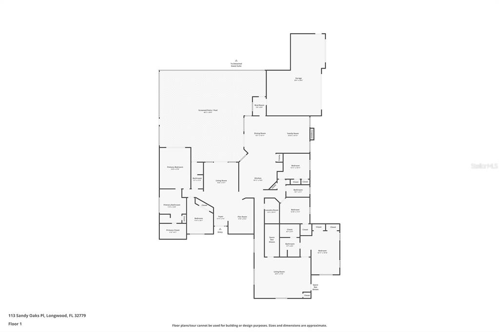 This is a floor plan of a single-story residential home with a garage and pool — 113 SANDY OAKS PLACE, LONGWOOD, FL