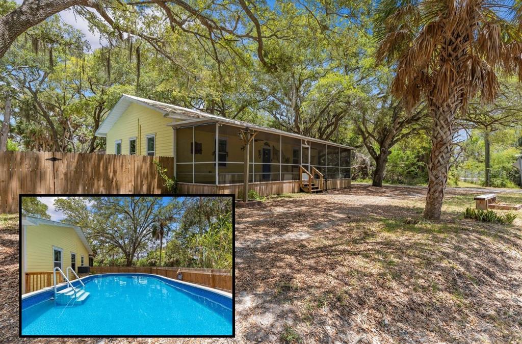 A yellow house with a screened porch and an inset photo of an above-ground pool — 190 OSOWAW BOULEVARD, SPRING HILL, FL