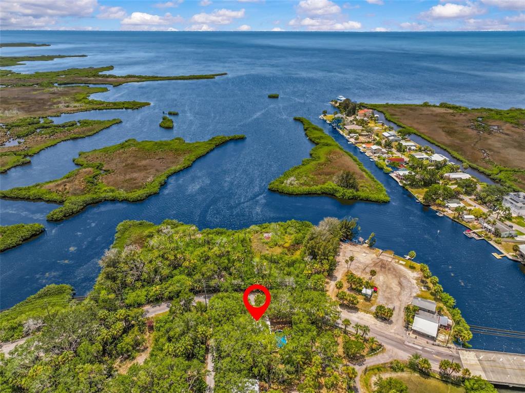 An aerial view shows a wooded waterfront property with a red location marker — 190 OSOWAW BOULEVARD, SPRING HILL, FL
