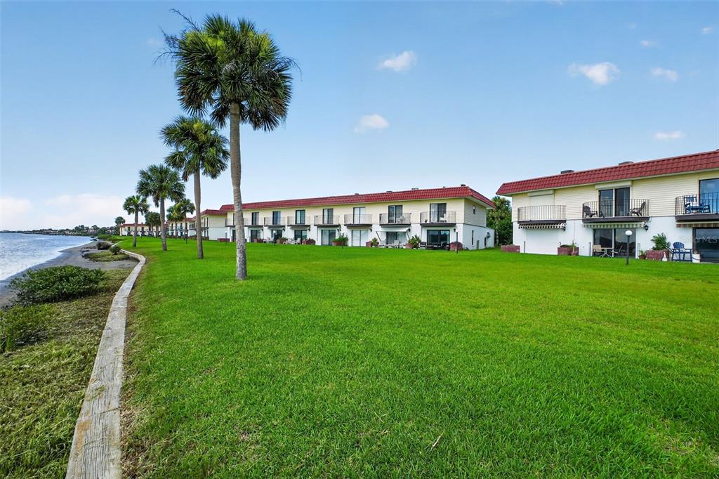 A row of palm trees stands along a grassy lawn beside a multi-unit waterfront building — 24 S OCEAN PALM DRIVE UNIT 24, FLAGLER BEACH, FL