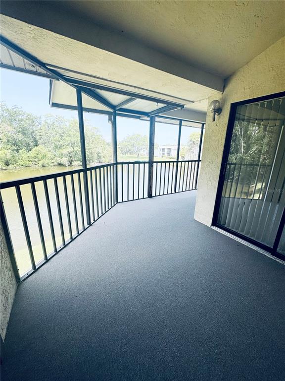 A covered balcony features gray carpeting, a black metal railing, and views of a lake — 328 WOODLAKE WYNDE, OLDSMAR, FL