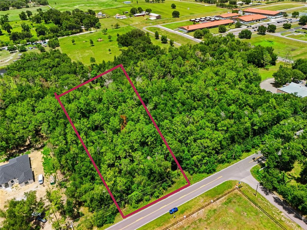 An aerial view shows a rectangular, wooded plot of land bordered by a paved road — CENTENNIAL ROAD, DADE CITY, FL