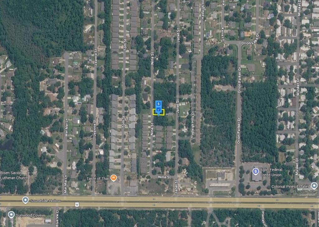 This is an aerial map view of a residential neighborhood with a highlighted property — 2160 NINA STREET, NAVARRE, FL