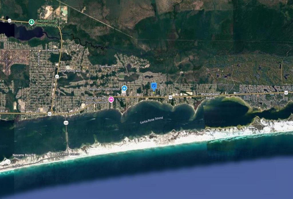 This is a satellite map view of the Navarre Beach area in Florida — 2160 NINA STREET, NAVARRE, FL