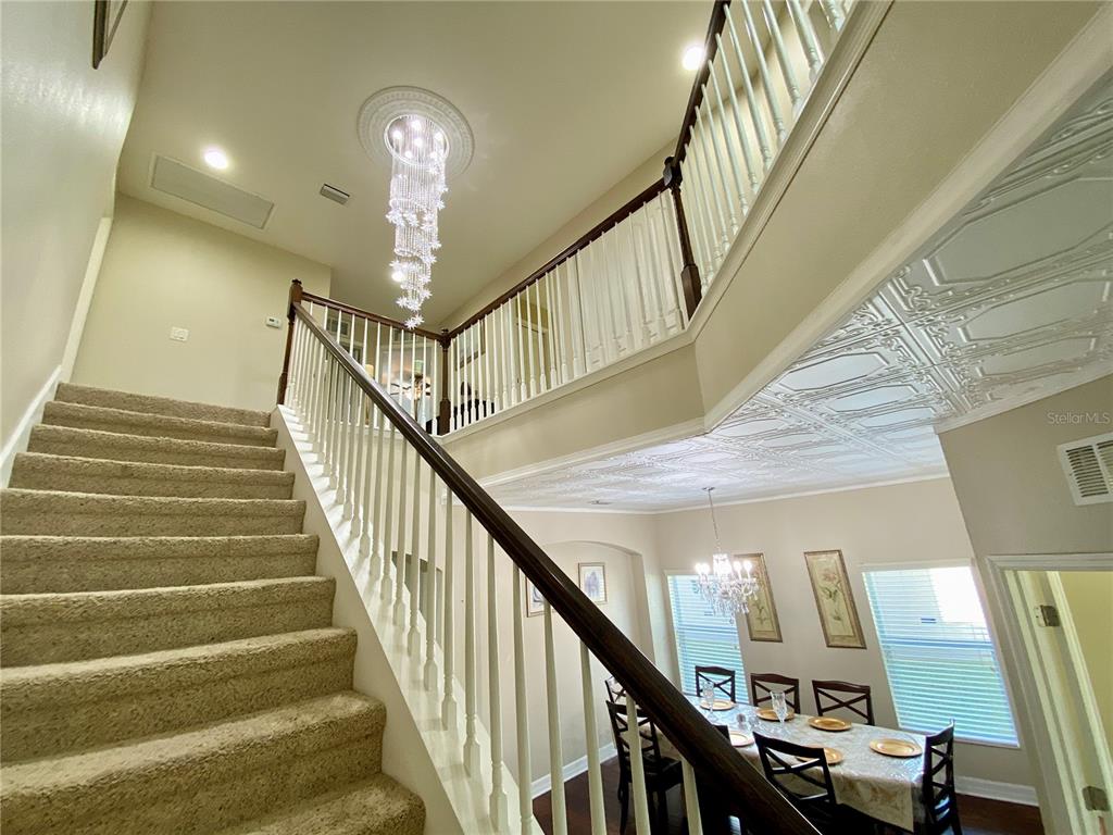A carpeted staircase leads to a landing overlooking a dining area with a chandelier — 10812 ANCIENT FUTURES DRIVE, TAMPA, FL