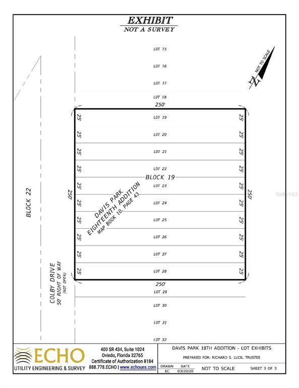 This is a land survey map showing a block of lots in the Davis Park subdivision — COLBY (PAPER) DRIVE, DELTONA, FL
