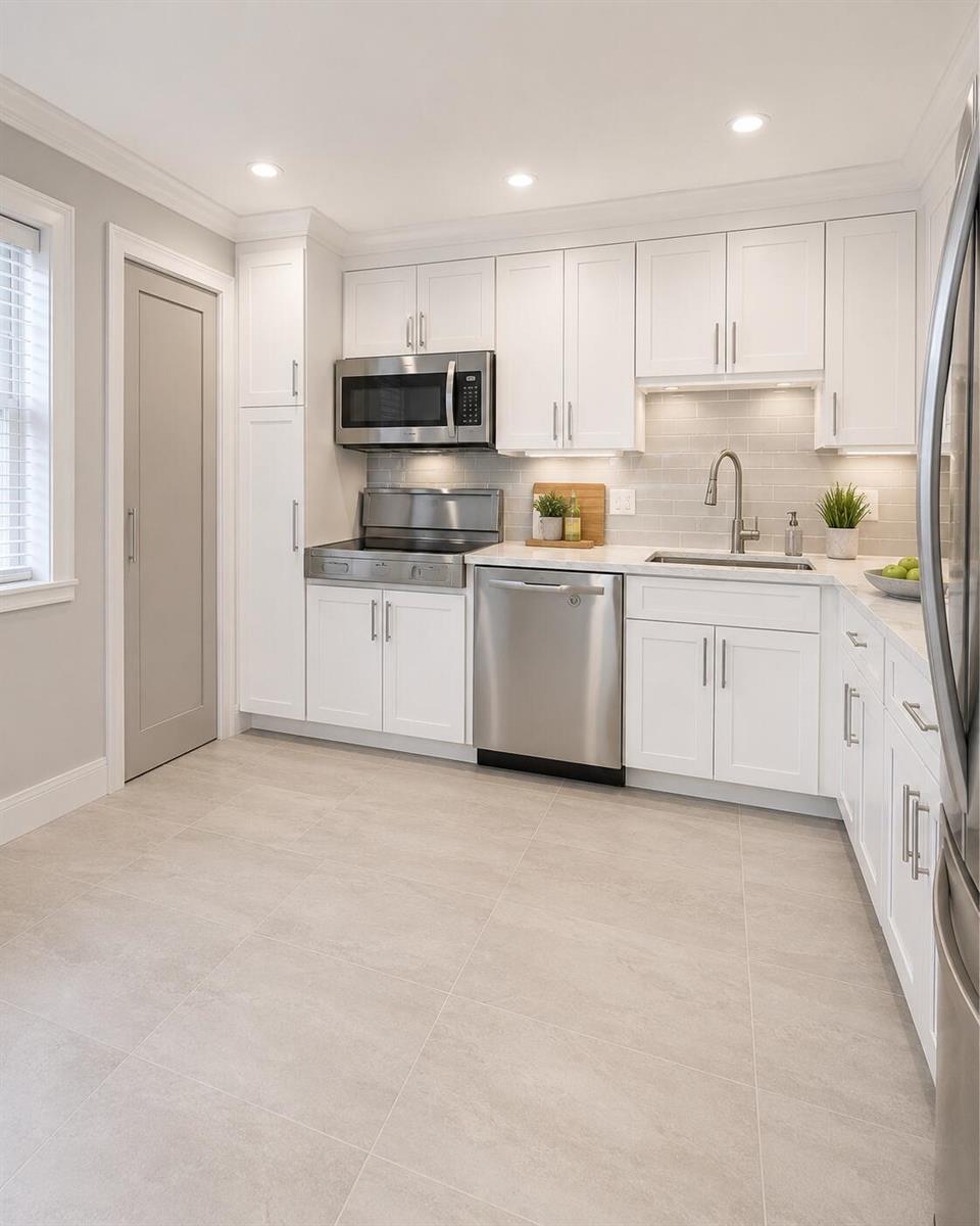 A modern kitchen features white cabinets, stainless steel appliances, light countertops, and gray tile flooring — 2900 N Palm Aire Drive # 307, Pompano Beach FL 33069, POMPANO BEACH, FL