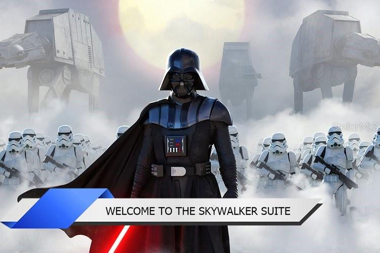This is a digital rendering featuring Darth Vader and stormtroopers with the text Welcome to the Skywalker Suite — 8112 POINCIANA BOULEVARD UNIT 1502, ORLANDO, FL