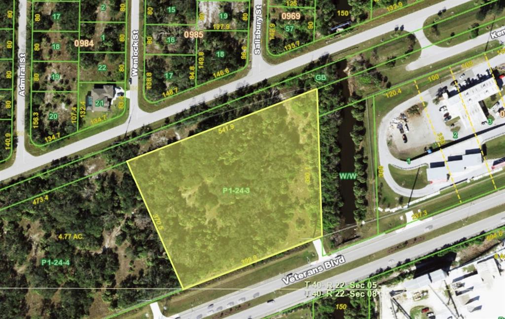 This is a map showing a highlighted parcel of land near a road intersection — 19400 VETERANS BOULEVARD UNIT 3, PORT CHARLOTTE, FL