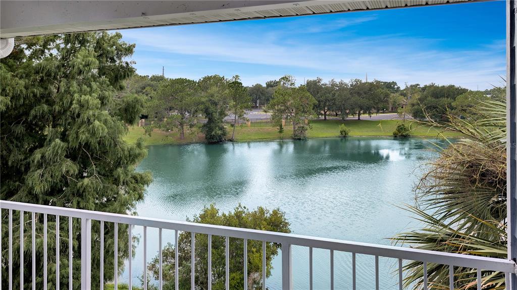 A view from a balcony overlooking a lake surrounded by trees and a grassy lawn — 2516 GRASSY POINT DRIVE UNIT 306, LAKE MARY, FL