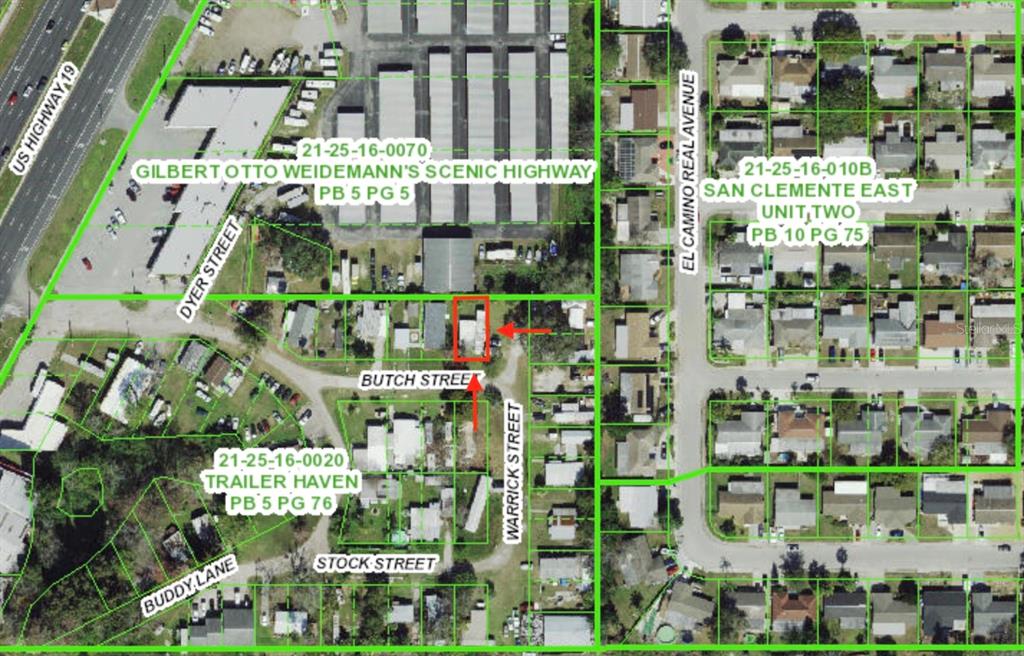 This is an aerial map showing property boundaries and street layouts in a residential area — 6711 BUTCH STREET, PORT RICHEY, FL