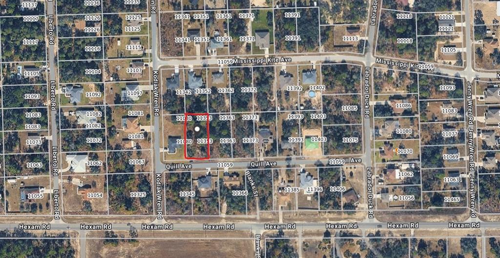 This is an aerial map showing residential lots and streets in a suburban neighborhood — 11353 QUILL AVENUE, BROOKSVILLE, FL