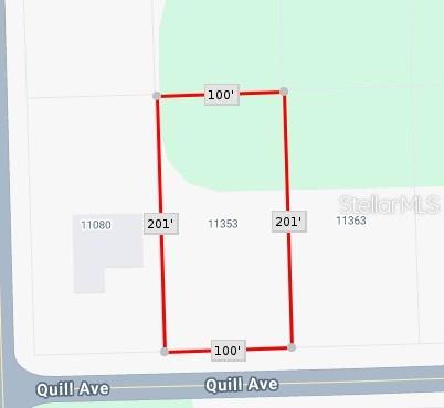This map shows a rectangular property lot measuring 100 feet by 201 feet — 11353 QUILL AVENUE, BROOKSVILLE, FL