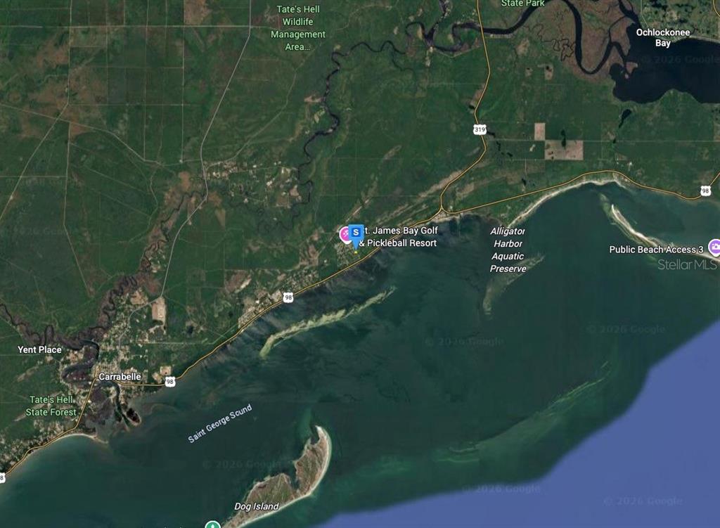 This is a satellite map showing the coastline near Carrabelle and St. James Bay, Florida — 214 ROYAL TERN WAY, CARRABELLE, FL