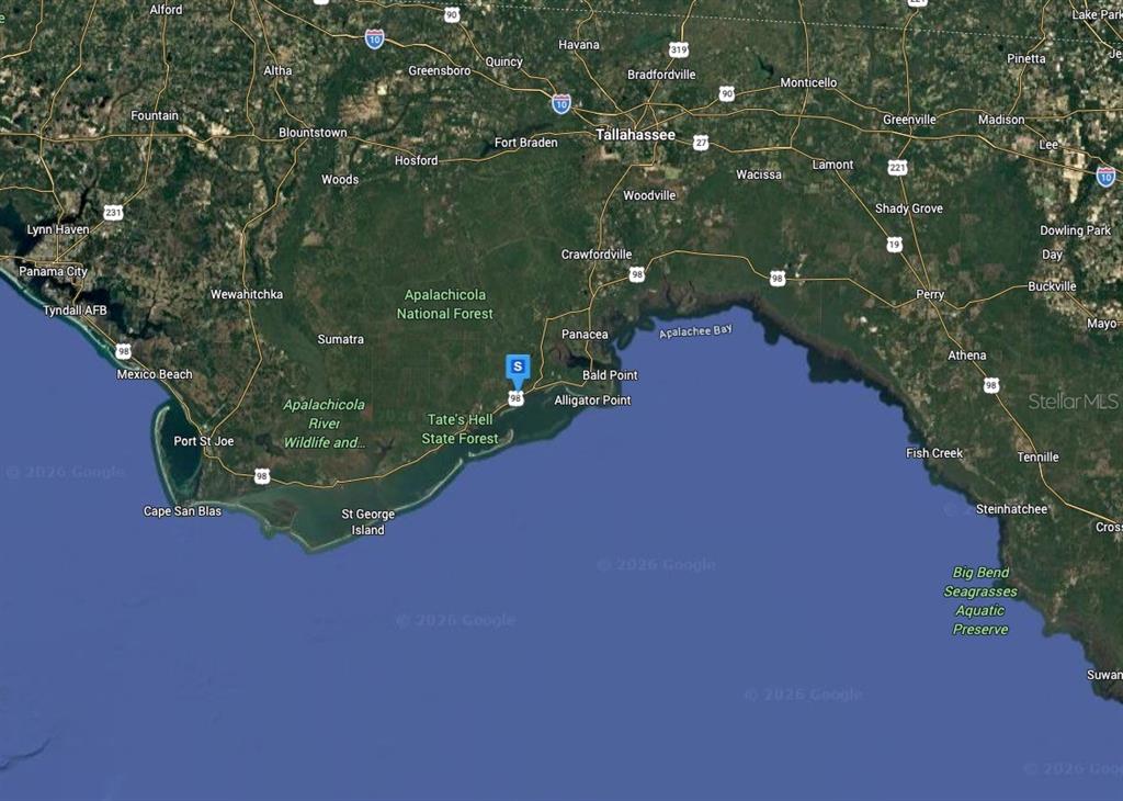 This is a satellite map showing the Florida Panhandle coastline and the Apalachicola National Forest — 214 ROYAL TERN WAY, CARRABELLE, FL