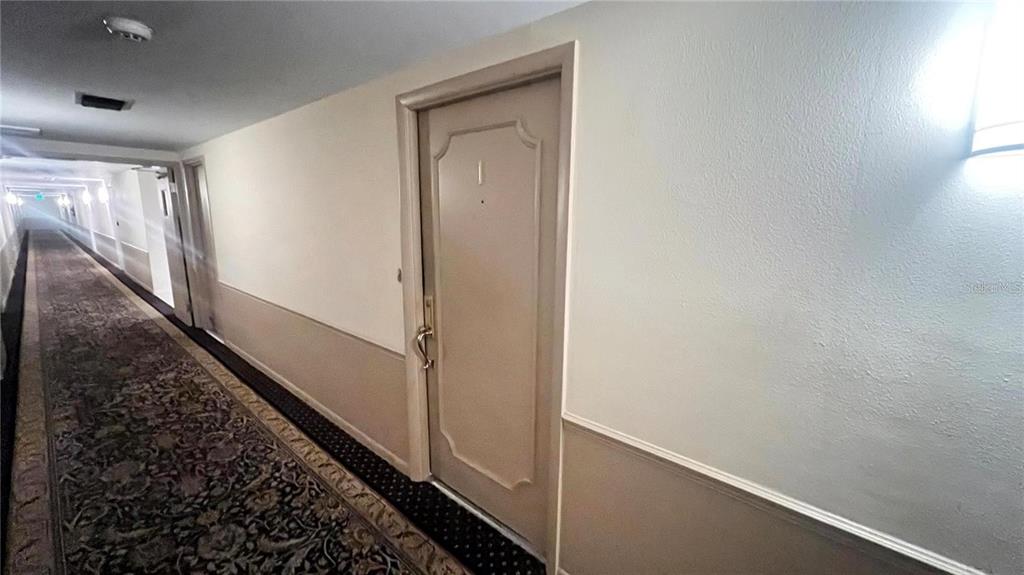 A long hallway with patterned carpeting leads past a closed door with a peephole — 100 PIERCE STREET UNIT 1001, CLEARWATER, FL