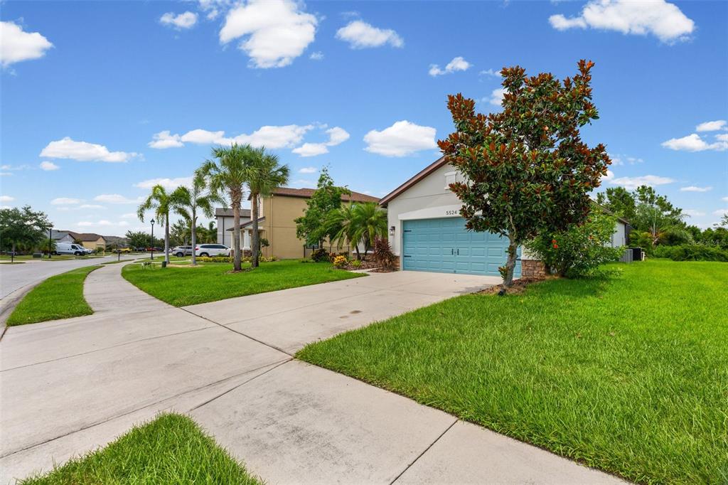 A single-story house with a blue garage door and a large tree in the yard — 5524 107TH TERRACE E, PARRISH, FL