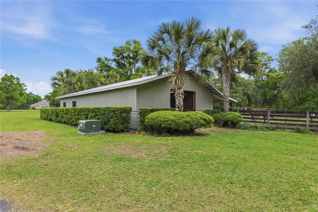 A light green barn with a metal roof stands in a grassy field with palm trees — 5999 NW 90TH AVENUE, OCALA, FL