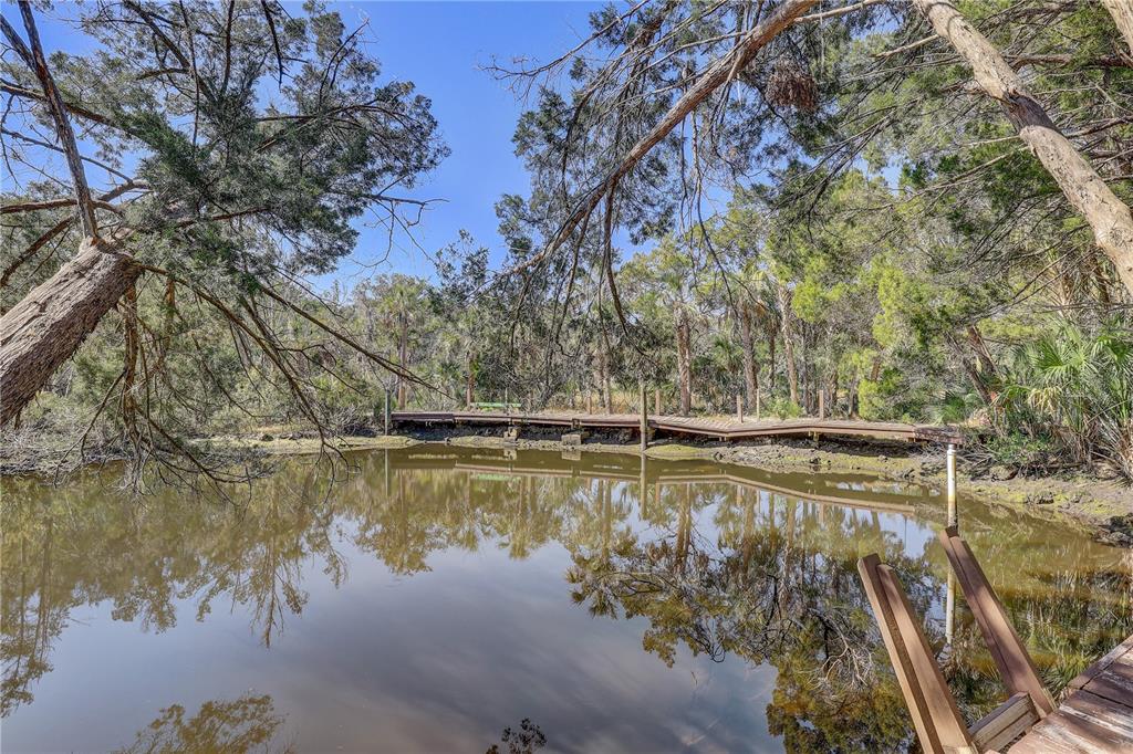 A wooden boardwalk winds along the edge of a pond surrounded by trees and vegetation — 6392 S WESTVIEW DRIVE, HOMOSASSA, FL
