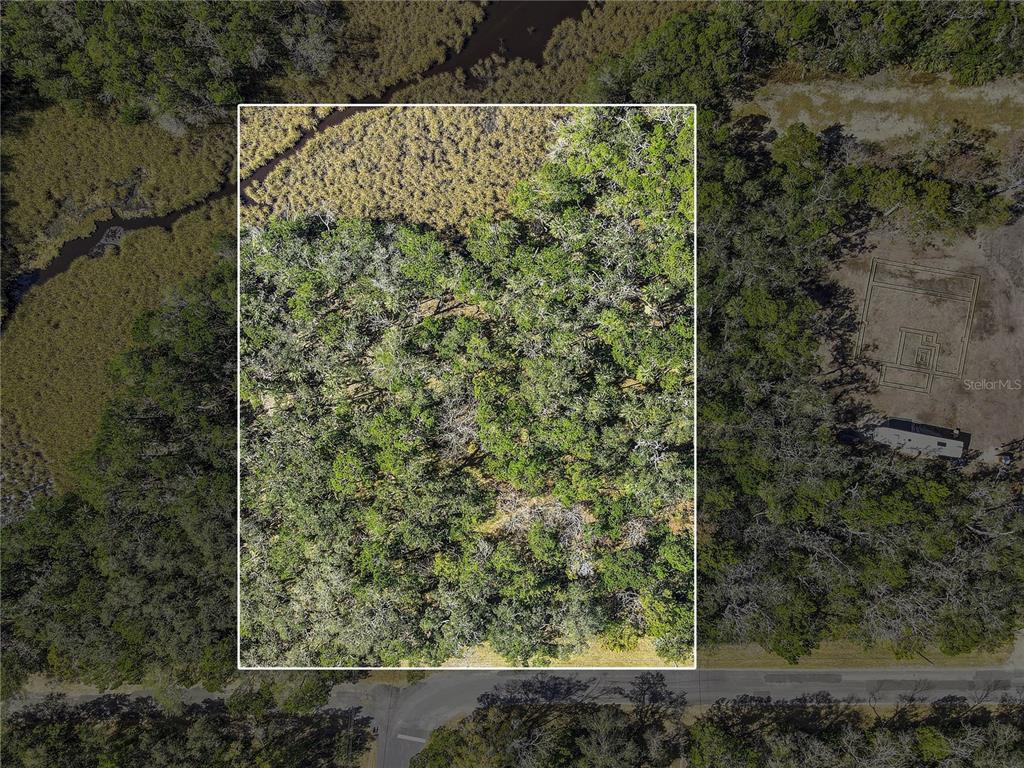 An aerial view shows a wooded lot outlined in white next to a marshy area — 6392 S WESTVIEW DRIVE, HOMOSASSA, FL