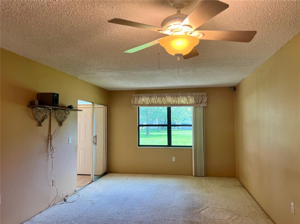 A carpeted room with tan walls, a ceiling fan, and a window overlooking green grass — 2989 FLINT DRIVE N, CLEARWATER, FL