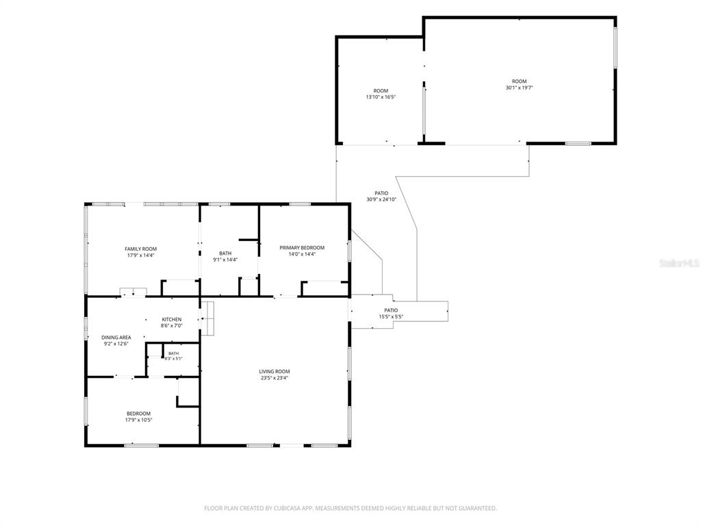 This is a floor plan showing a house layout with multiple rooms, bathrooms, and patios — 495 NORTH STREET, DE LEON SPRINGS, FL