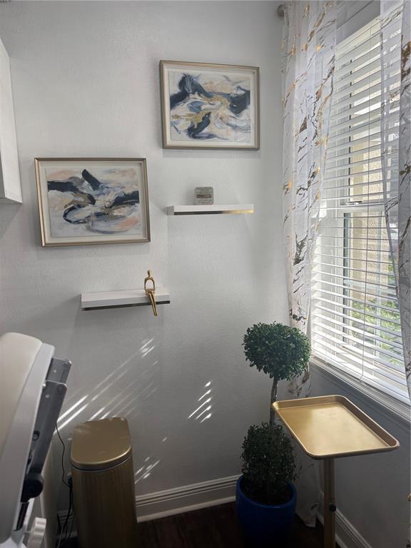 A small room features two abstract paintings, two floating shelves, a plant, and a tray — 3830 TURMAN LOOP, WESLEY CHAPEL, FL