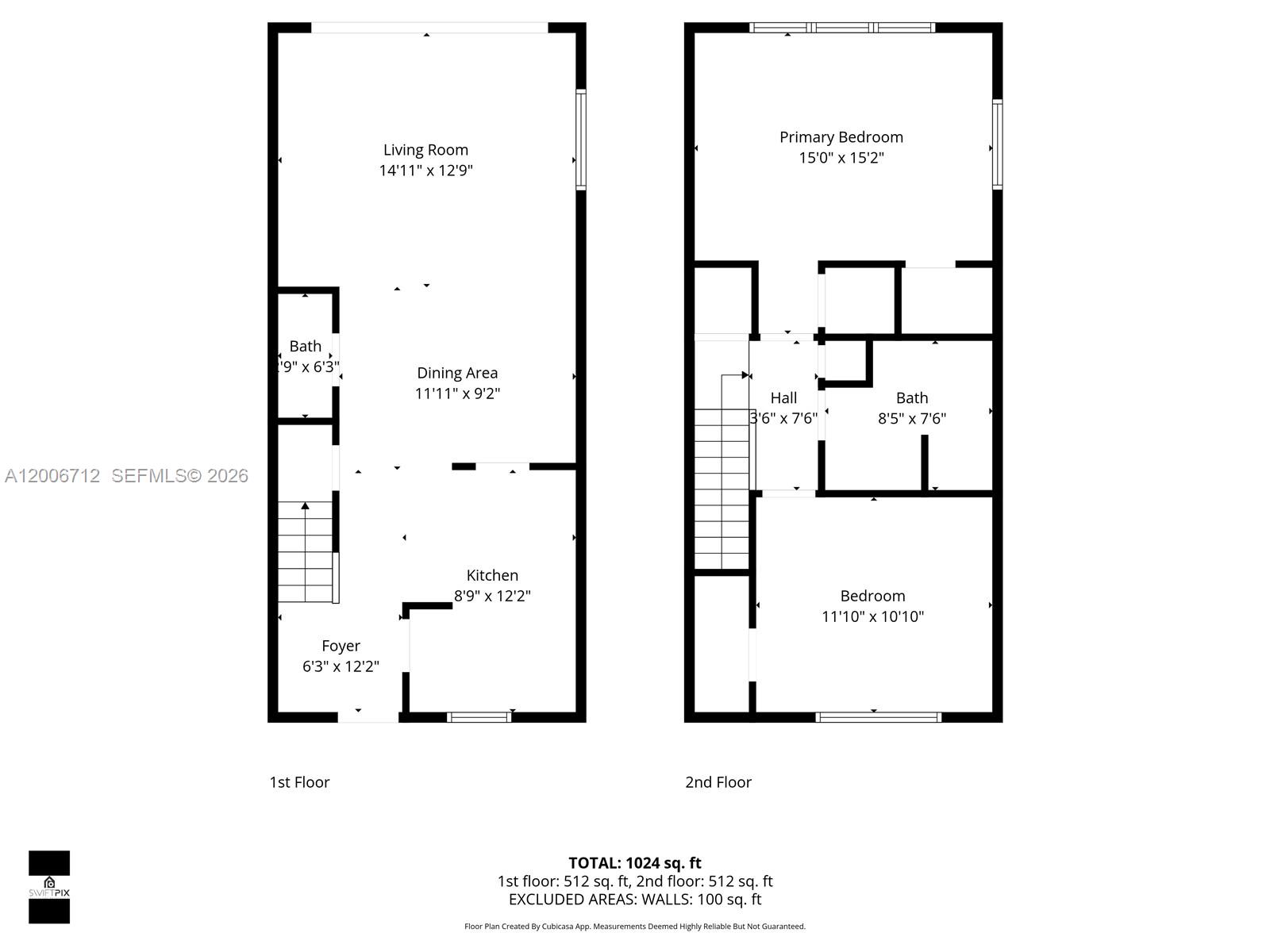 This is a two-story floor plan showing a living room, kitchen, two bedrooms, and two bathrooms — 7344 SW 82nd St # C114, Miami FL 33143, MIAMI, FL