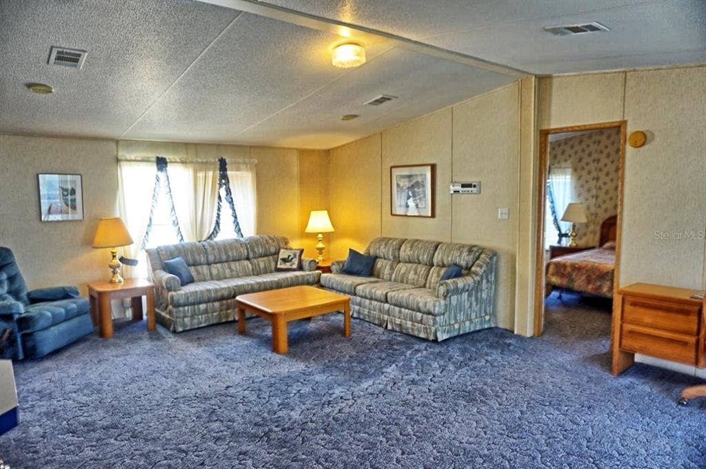 A living room features blue carpeting, two patterned sofas, a coffee table, and a recliner — 2016 LAKE LINDA CIRCLE, LUTZ, FL