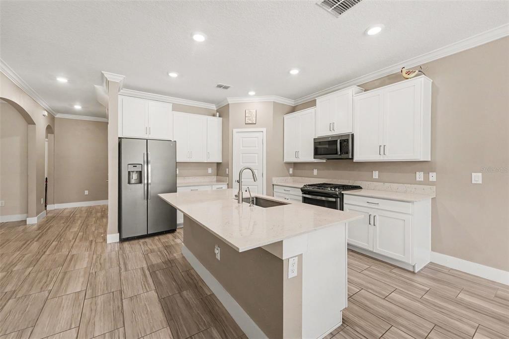 A kitchen with white cabinets, stainless steel appliances, a center island, and wood-look tile flooring — 17989 FRAME BEND, LAND O LAKES, FL
