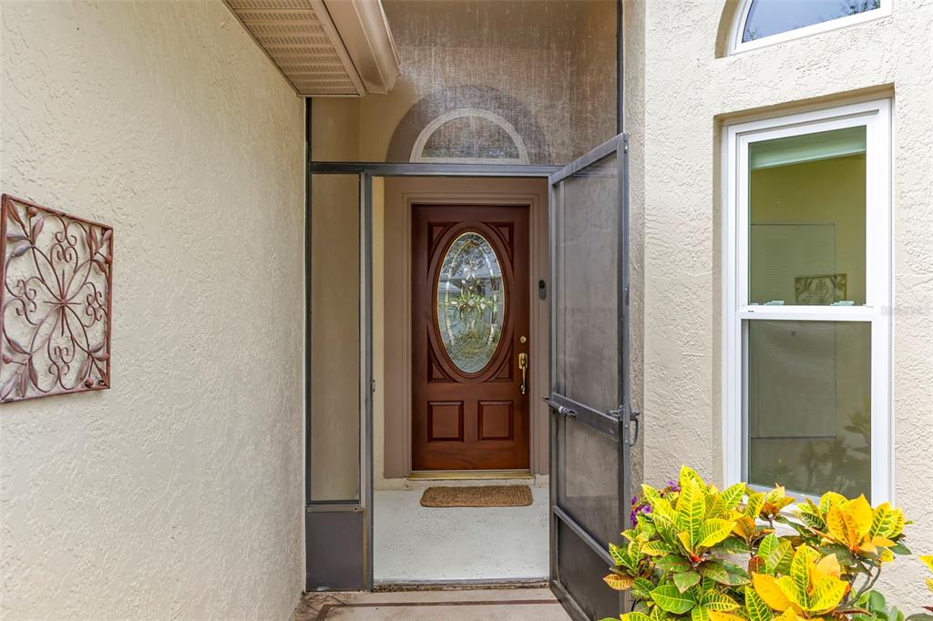 An exterior view of a home entrance featuring a wooden door with a glass insert — 1601 LAUGHTON PLACE, SUN CITY CENTER, FL