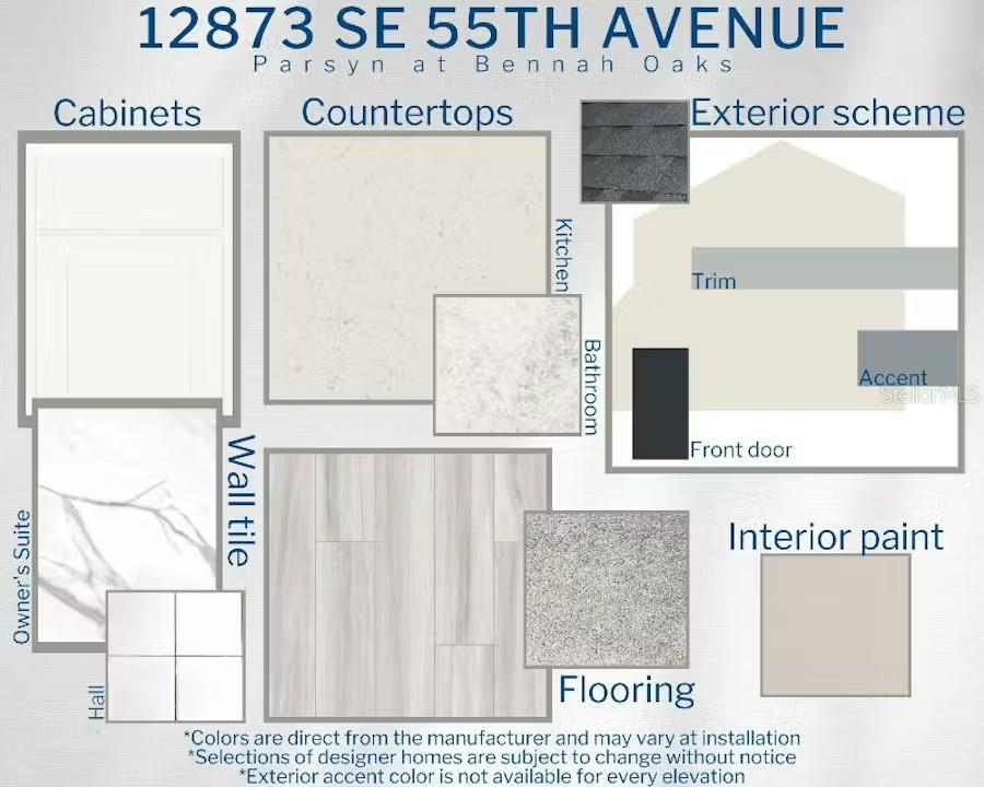 This design board displays samples of cabinets, countertops, flooring, tile, paint, and exterior color schemes — 12873 SE 55TH AVENUE, BELLEVIEW, FL