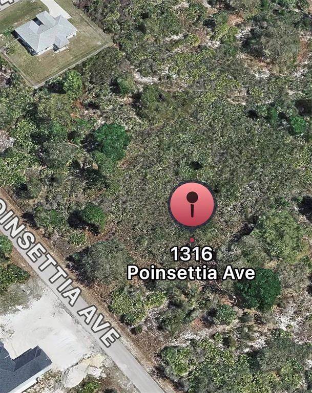 This is an aerial map view of a vacant, wooded residential lot — 1316 POINSETTIA AVENUE, LEHIGH ACRES, FL