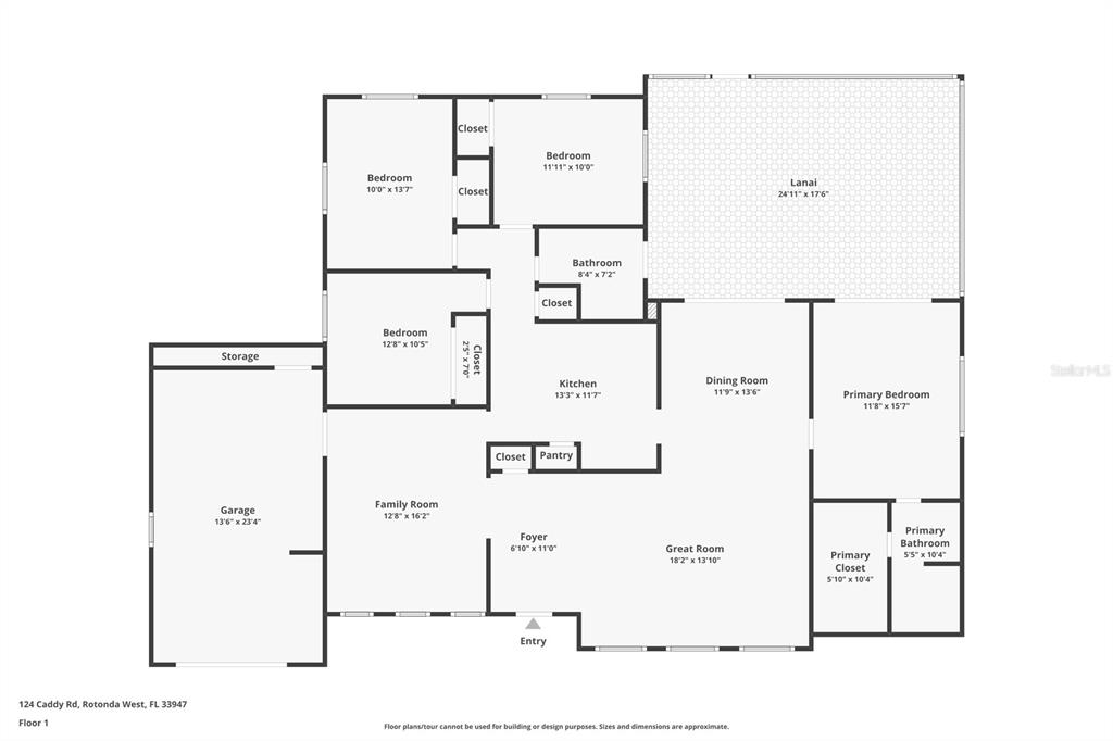 This is a floor plan of a single-story house featuring three bedrooms and a garage — 124 CADDY ROAD, ROTONDA WEST, FL