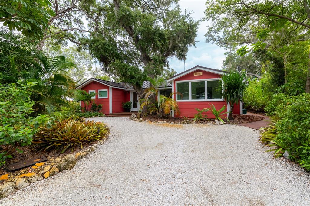 A red house with a gravel driveway is surrounded by lush trees and tropical landscaping — 3001 51ST STREET S, GULFPORT, FL
