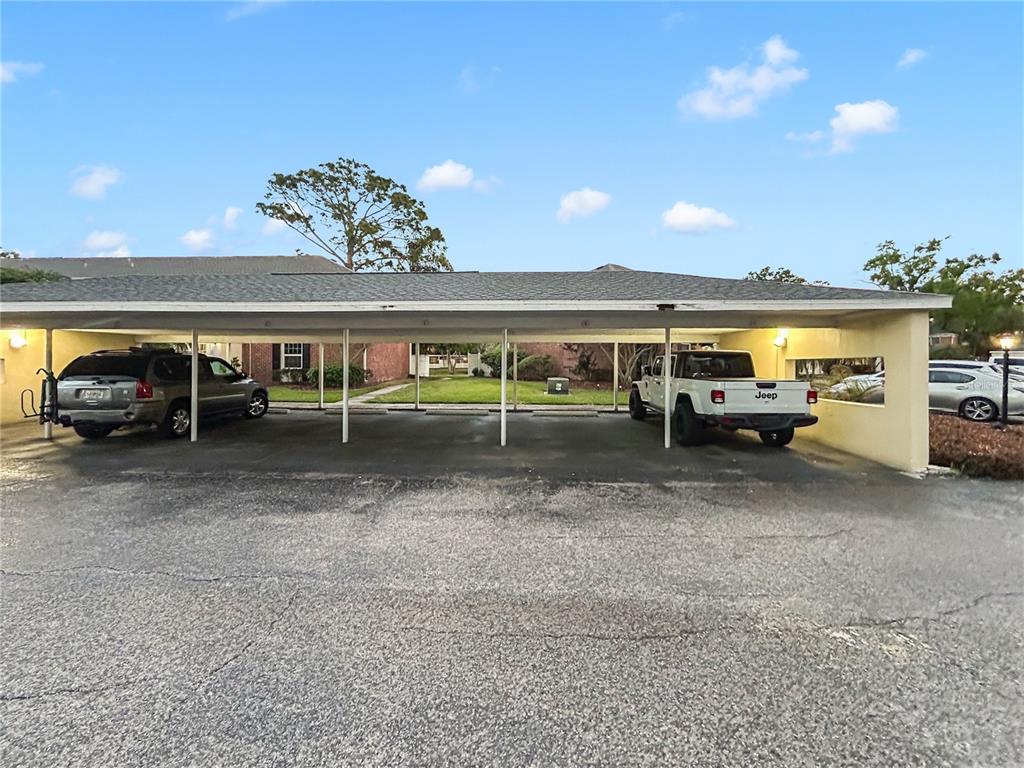 A covered parking carport with two vehicles parked in designated spots — 13706 ORANGE SUNSET DRIVE UNIT 53G, TAMPA, FL