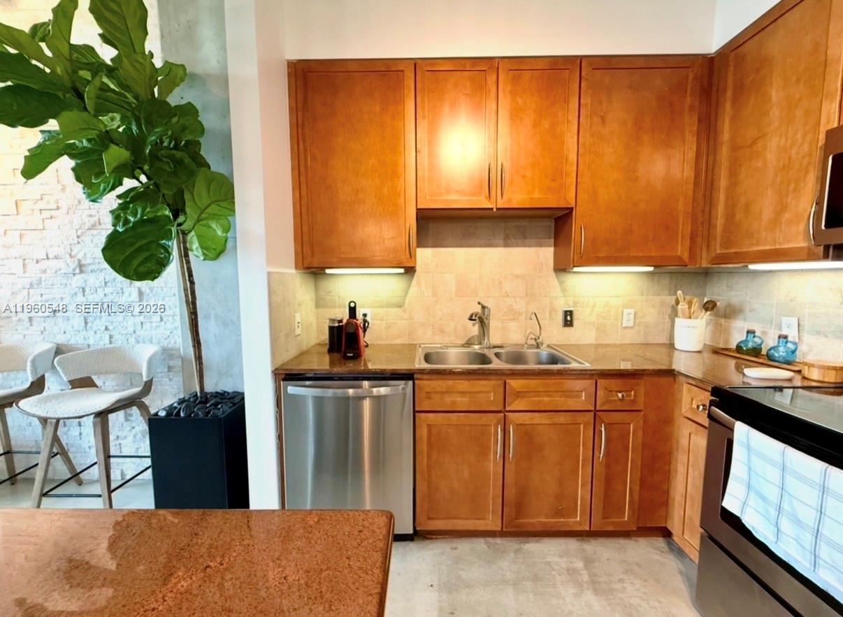 A kitchen features wooden cabinets, stainless steel appliances, a double sink, and a large potted plant — 2001 Biscayne Blvd # 3608, Miami FL 33137, MIAMI, FL